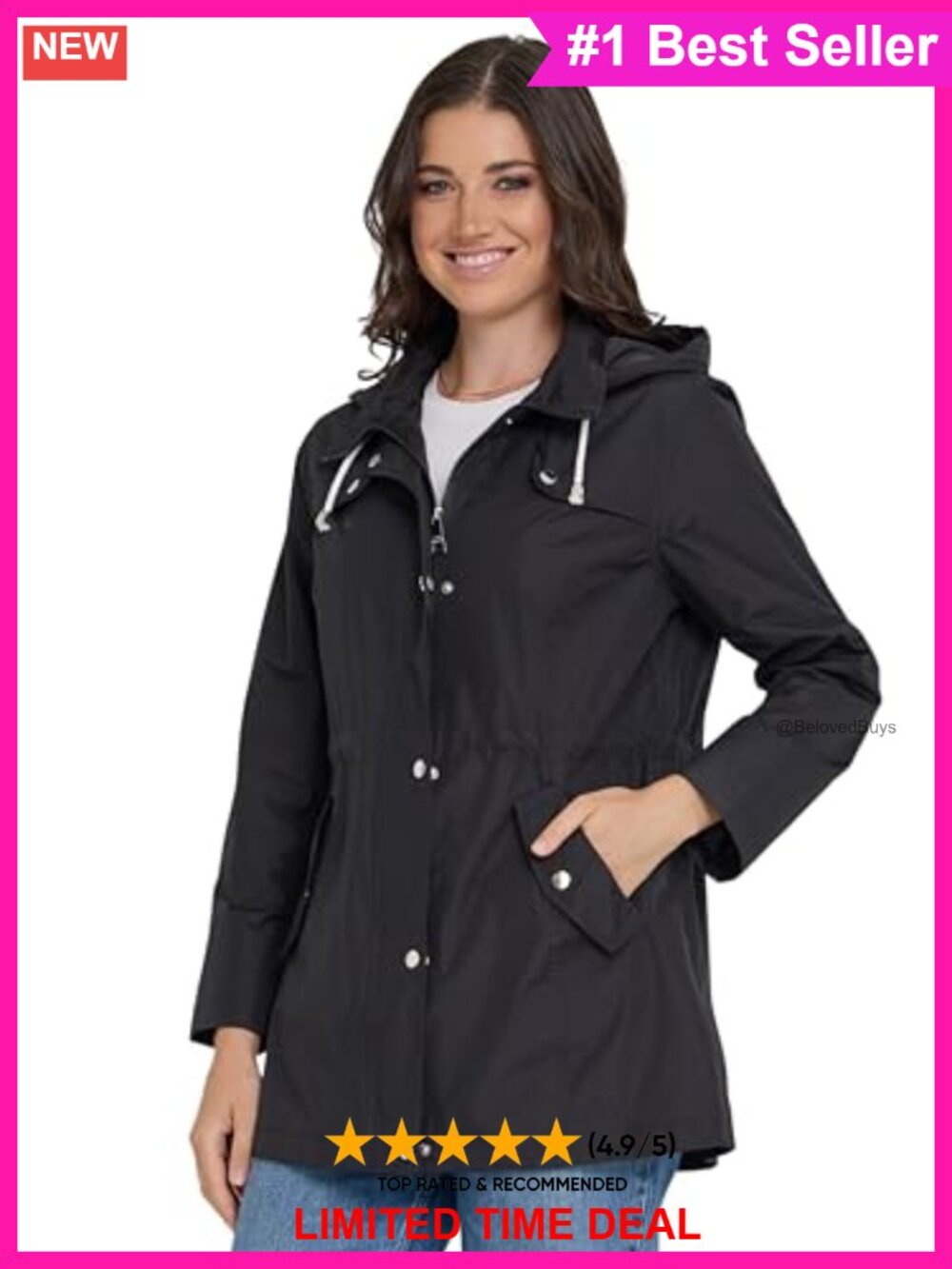 Steve Madden Women's Waterproof Hooded Rain Jacket Anorak Windbreaker